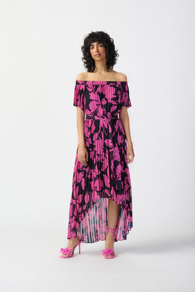 Joseph Ribkoff Floral Print Chiffon Off-Shoulder Pleated Dress 