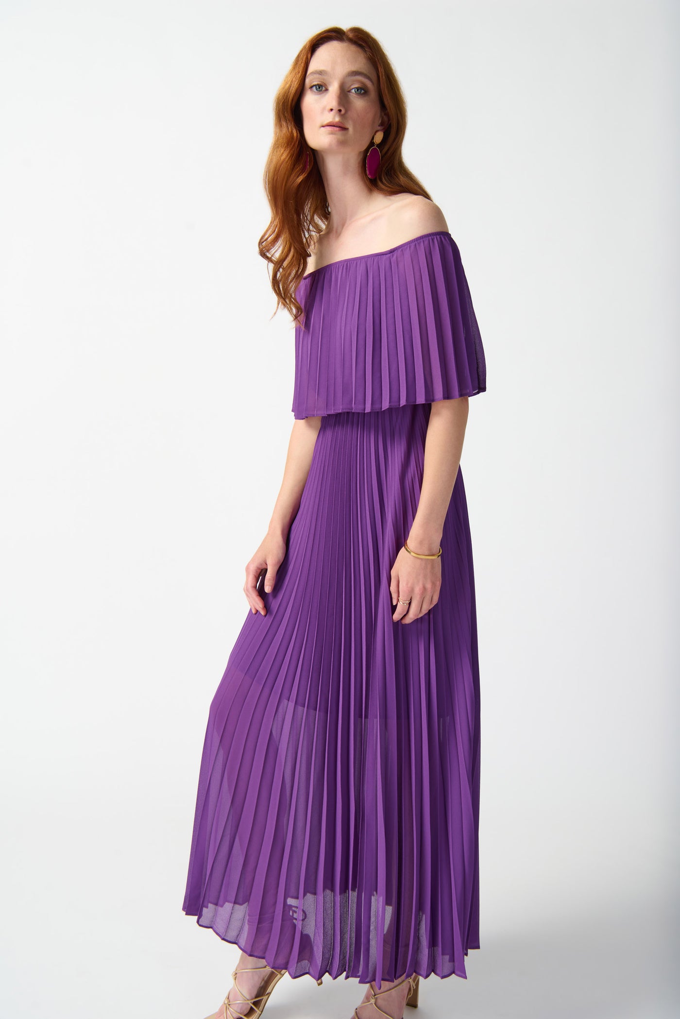 Joseph Ribkoff Chiffon Off-The-Shoulder Pleated Dress 