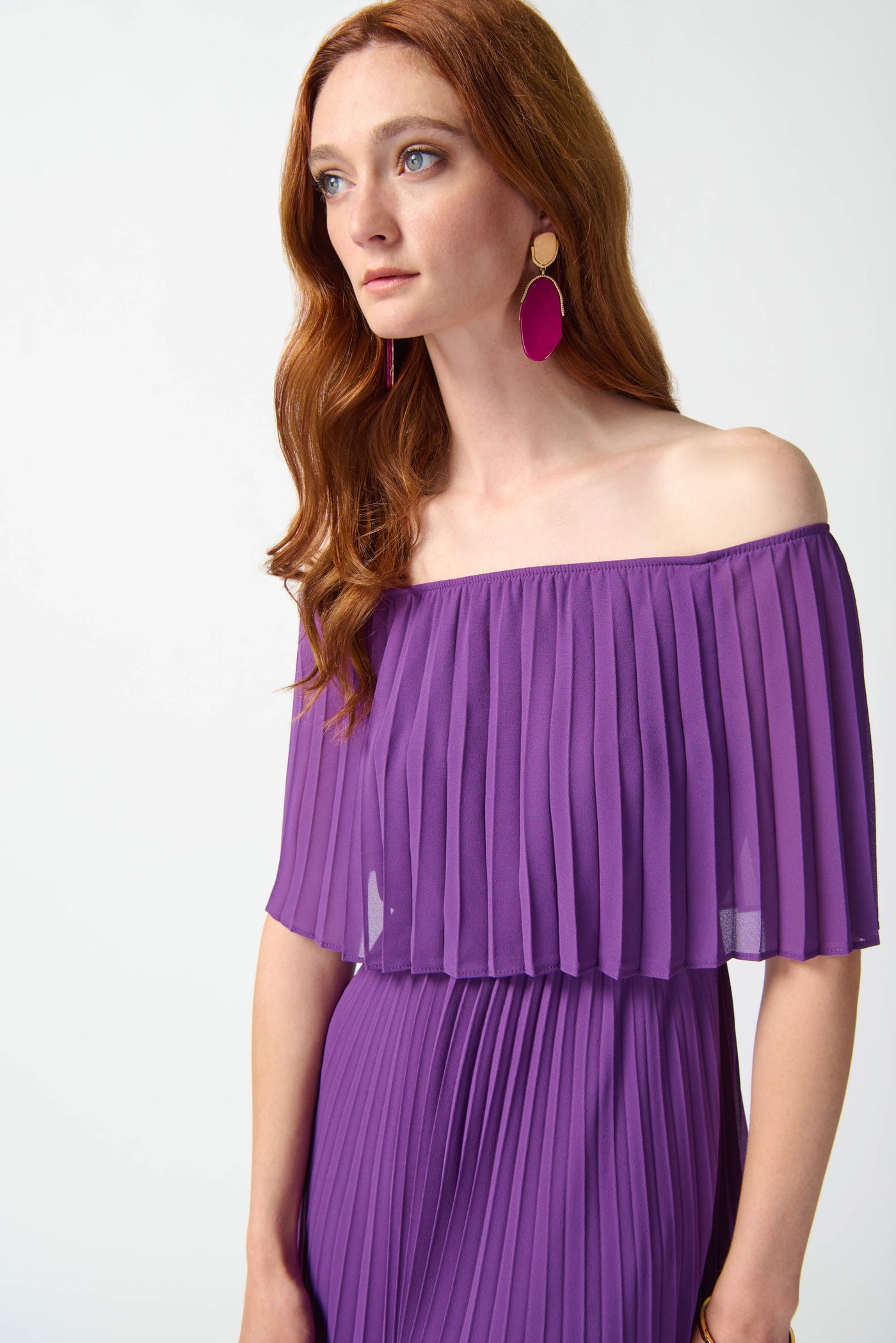 Joseph Ribkoff Chiffon Off-The-Shoulder Pleated Dress 