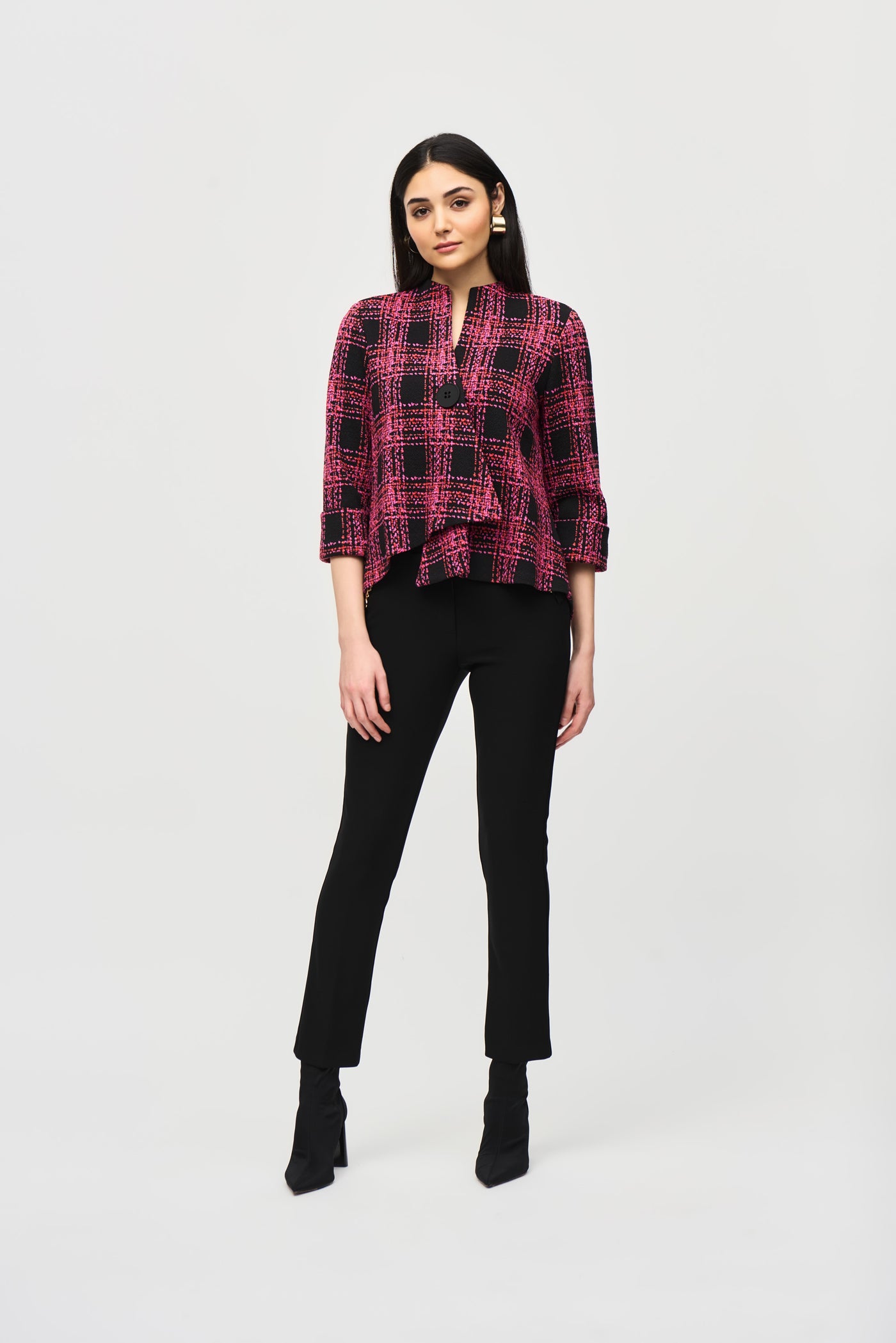 Jacquard Knit Plaid Print Swing Jacket Joseph Ribkoff