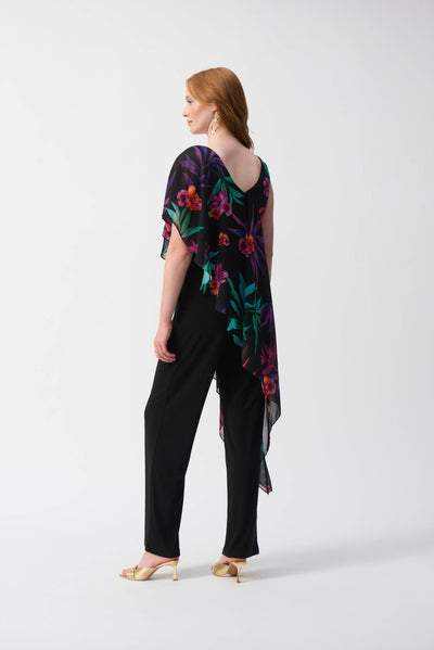 Silky Knit Jumpsuit With Tropical Chiffon Overlay - Dream Pants