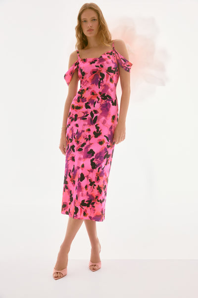 Signature Satin Floral Sheath Dress with Cold Shoulder Joseph Ribkoff