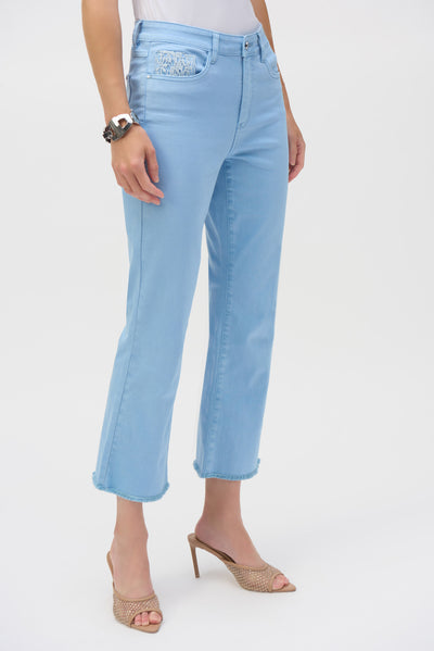 Stretch Flare Crop Jeans with Frayed Hem