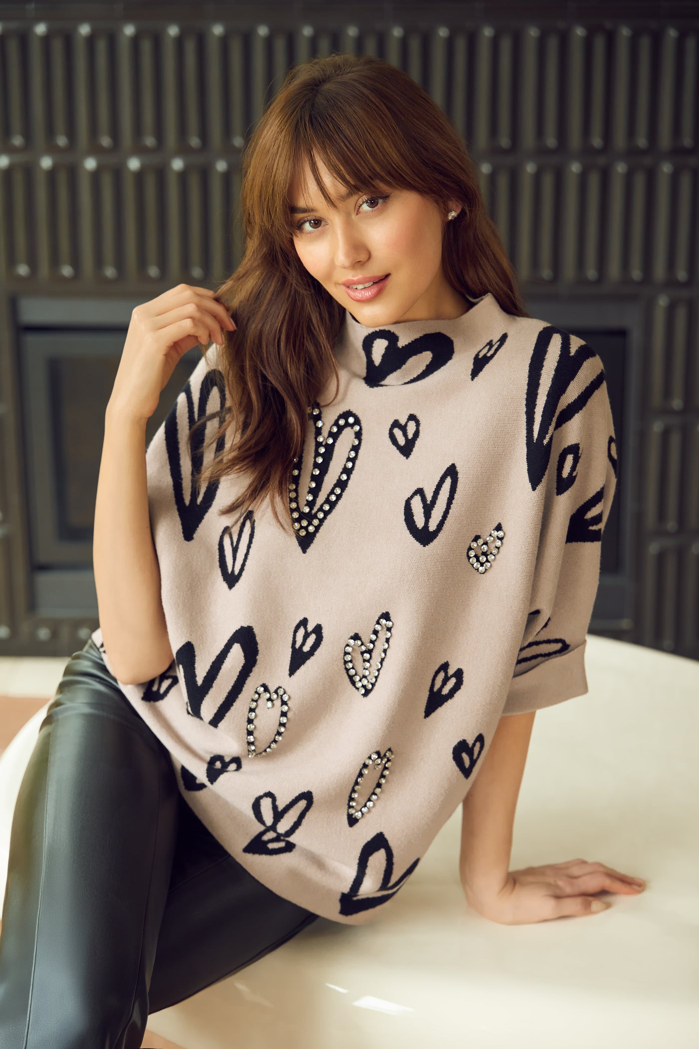 Embellished Heart Print Sweater Frank Lyman