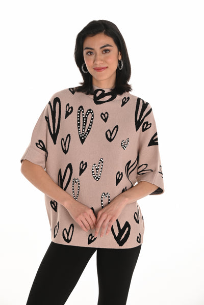 Embellished Heart Print Sweater Frank Lyman