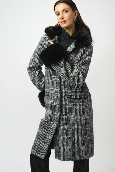 Feather Yarn Plaid Jacquard Coat with Faux Fur Trim - Dream Pants