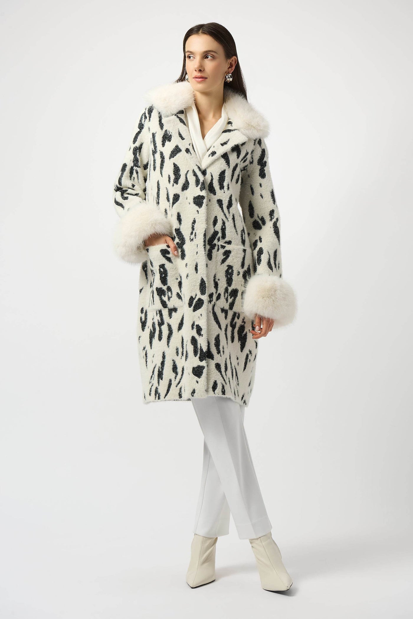 Feather Yarn Animal Jacquard Coat with Faux Fur Trim - Dream Pants