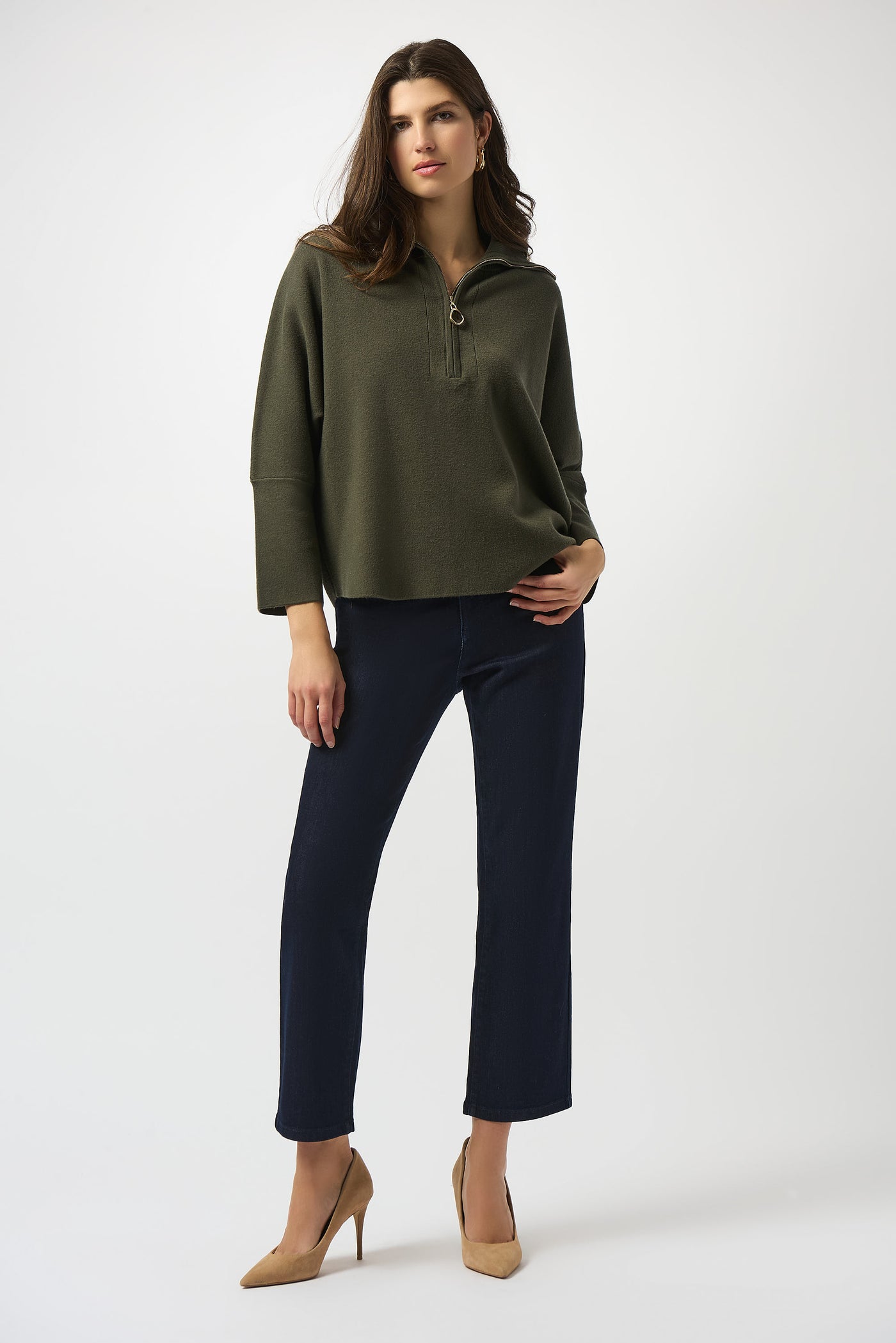 Sweater Knit Boxy Pullover With Zipped Collar Joseph Ribkoff