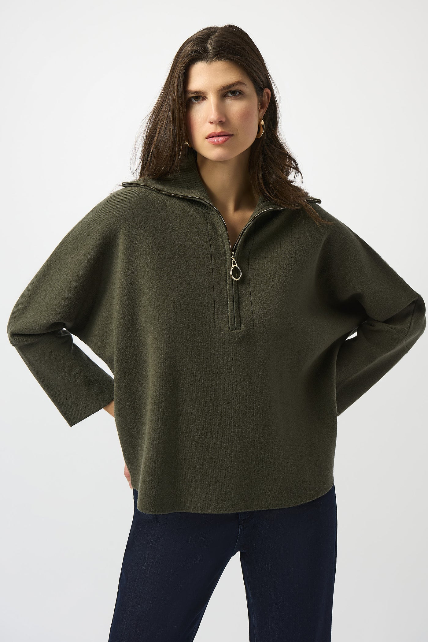 Sweater Knit Boxy Pullover With Zipped Collar Joseph Ribkoff