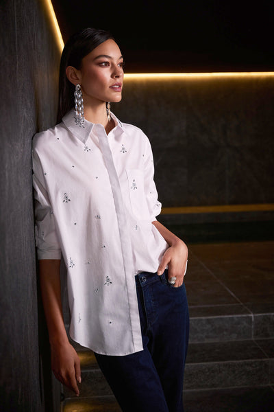 Stretch Poplin Boxy Blouse with Rhinestones Joseph Ribkoff