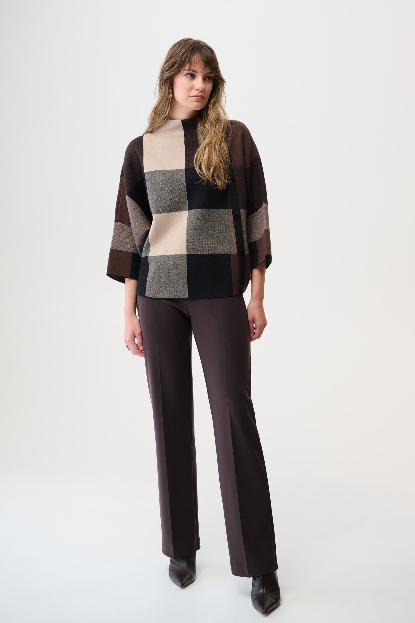 Brushed Viscose Plaid Print Boxy Sweater with Funnel Neck Joseph Ribkoff