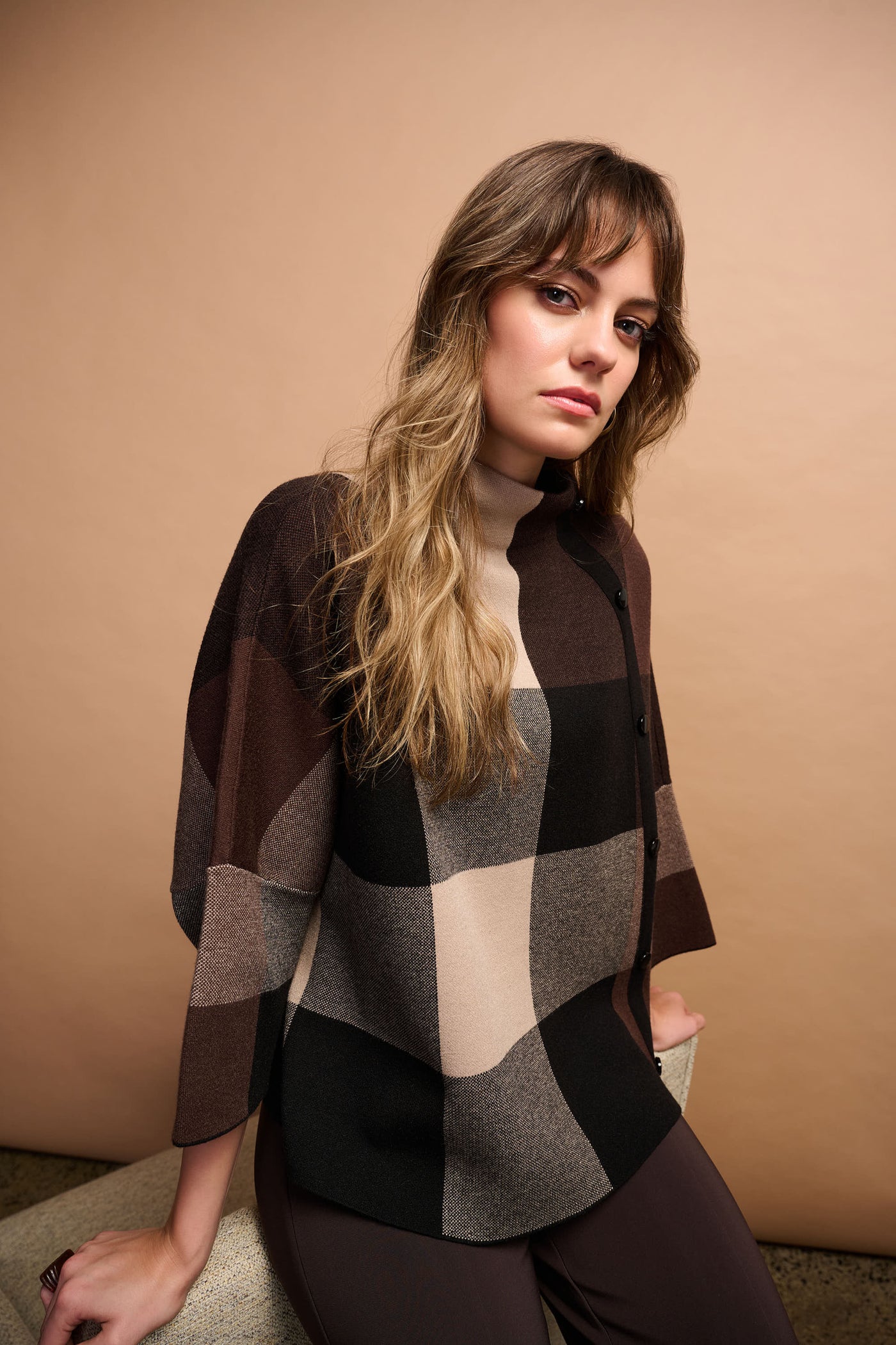 Brushed Viscose Plaid Print Boxy Sweater with Funnel Neck Joseph Ribkoff