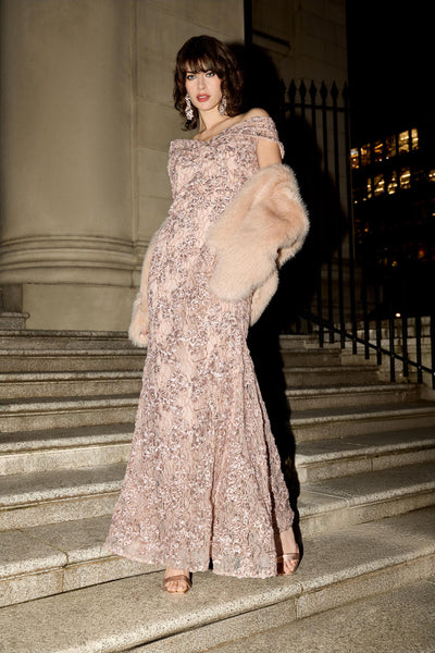 Off-Shoulder Lace Gown with Floral Embellishments Frank Lyman