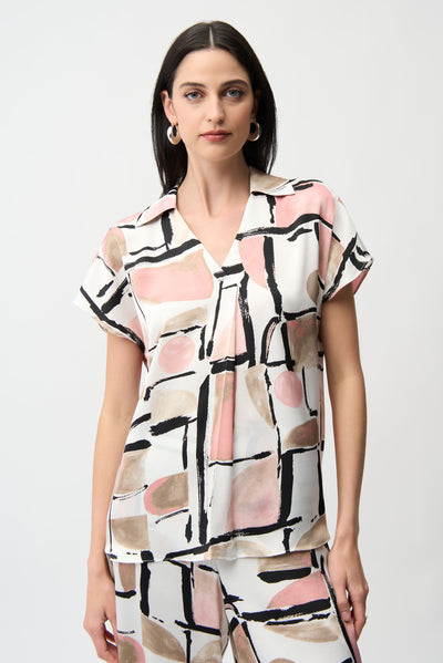 Recycled Satin Abstract Print Boxy Top With V-neckline Joseph Ribkoff
