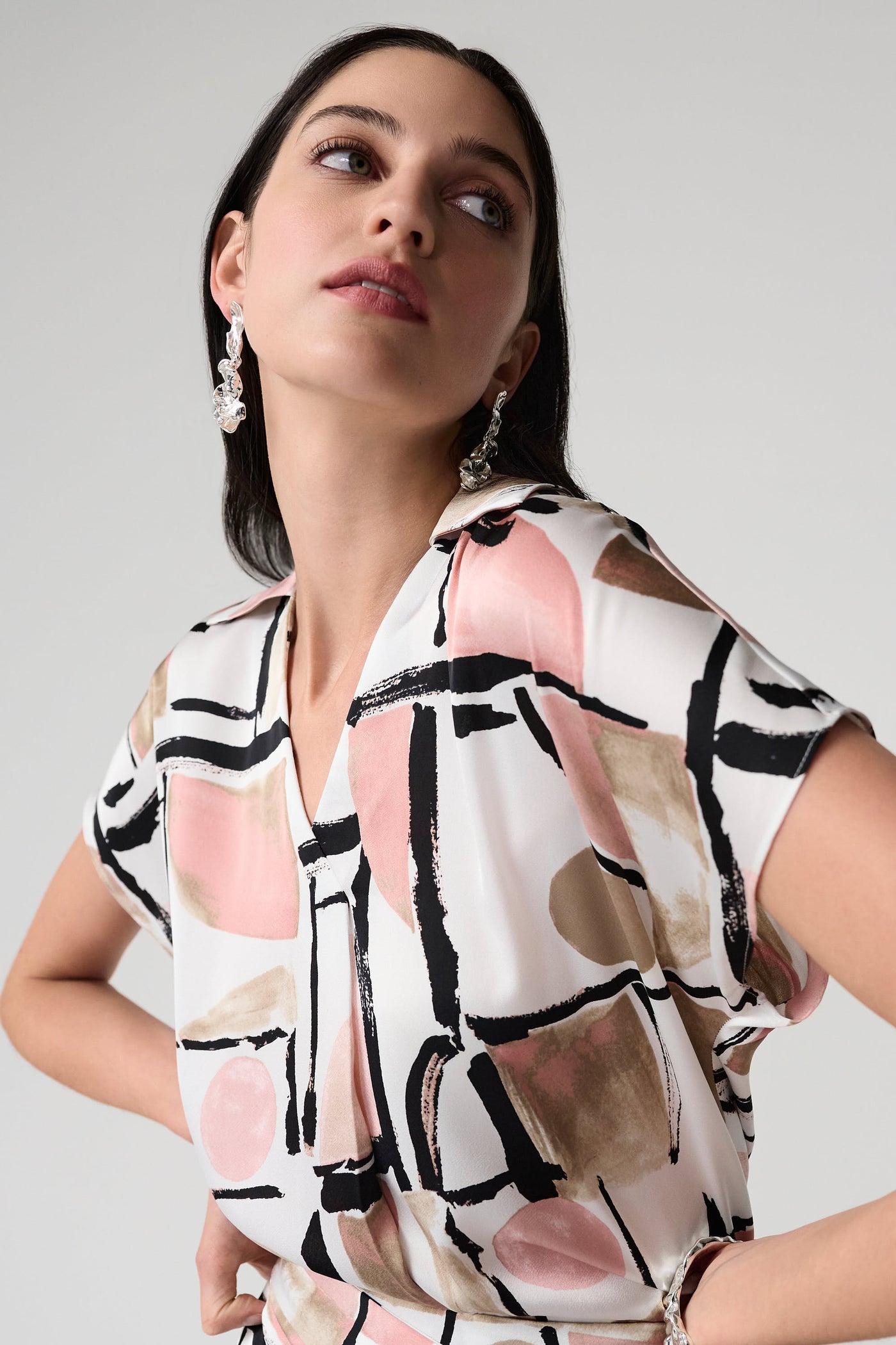 Recycled Satin Abstract Print Boxy Top With V-neckline Joseph Ribkoff