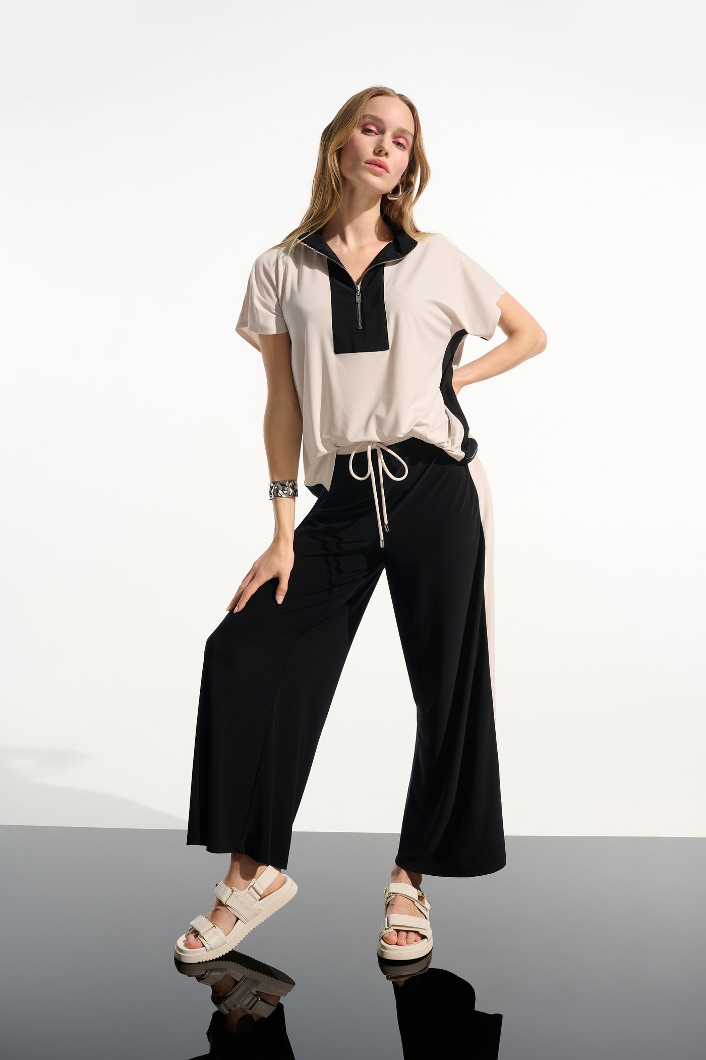 Silky Knit Color Block Straight Top With Zipped Collar Joseph Ribkoff
