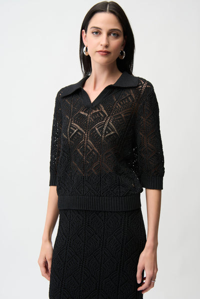 Cotton Blend Open Stitch Sweater with Polo Collar Joseph Ribkoff