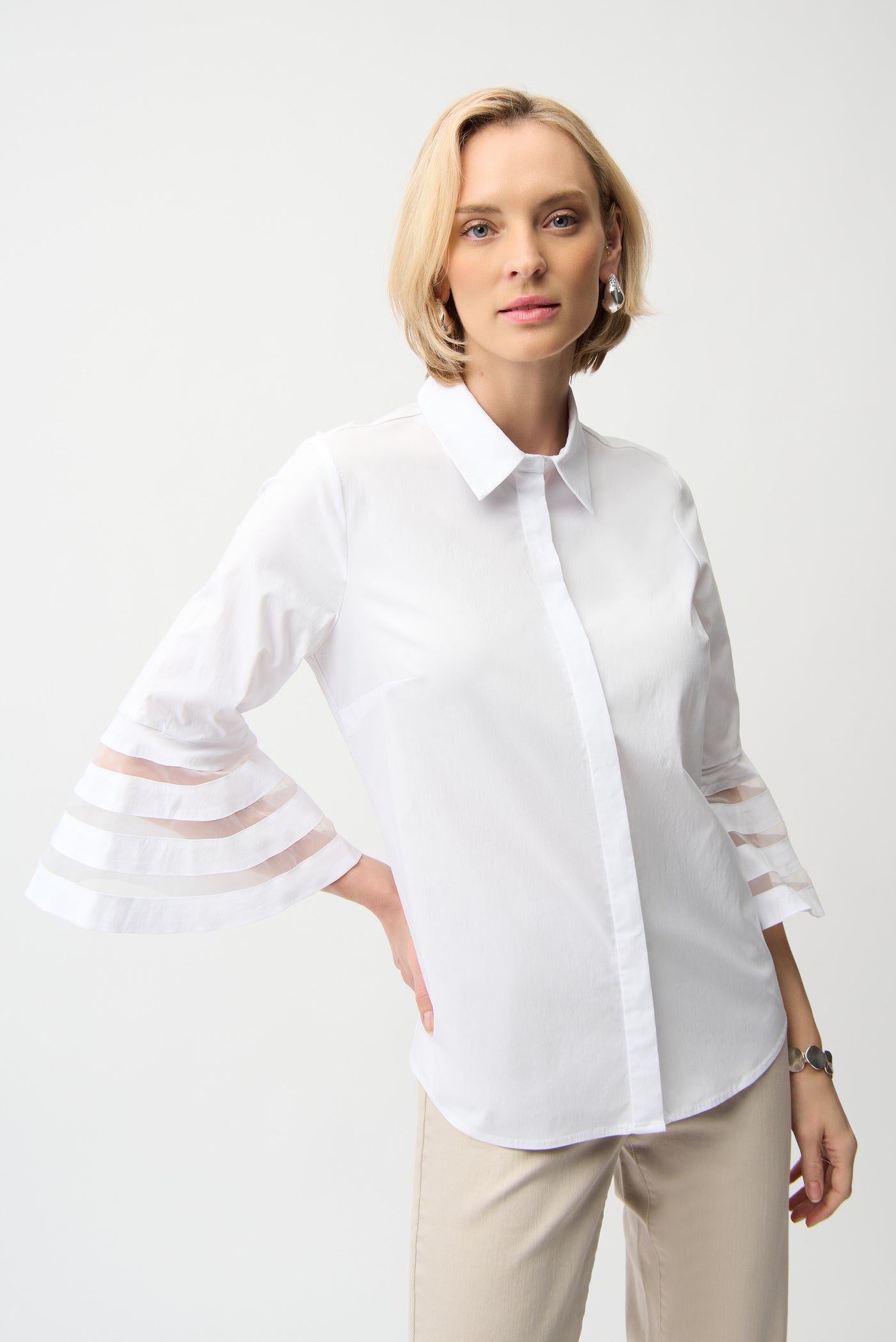 Stretch Poplin Straight Blouse with Organza Bell Sleeves Joseph Ribkoff
