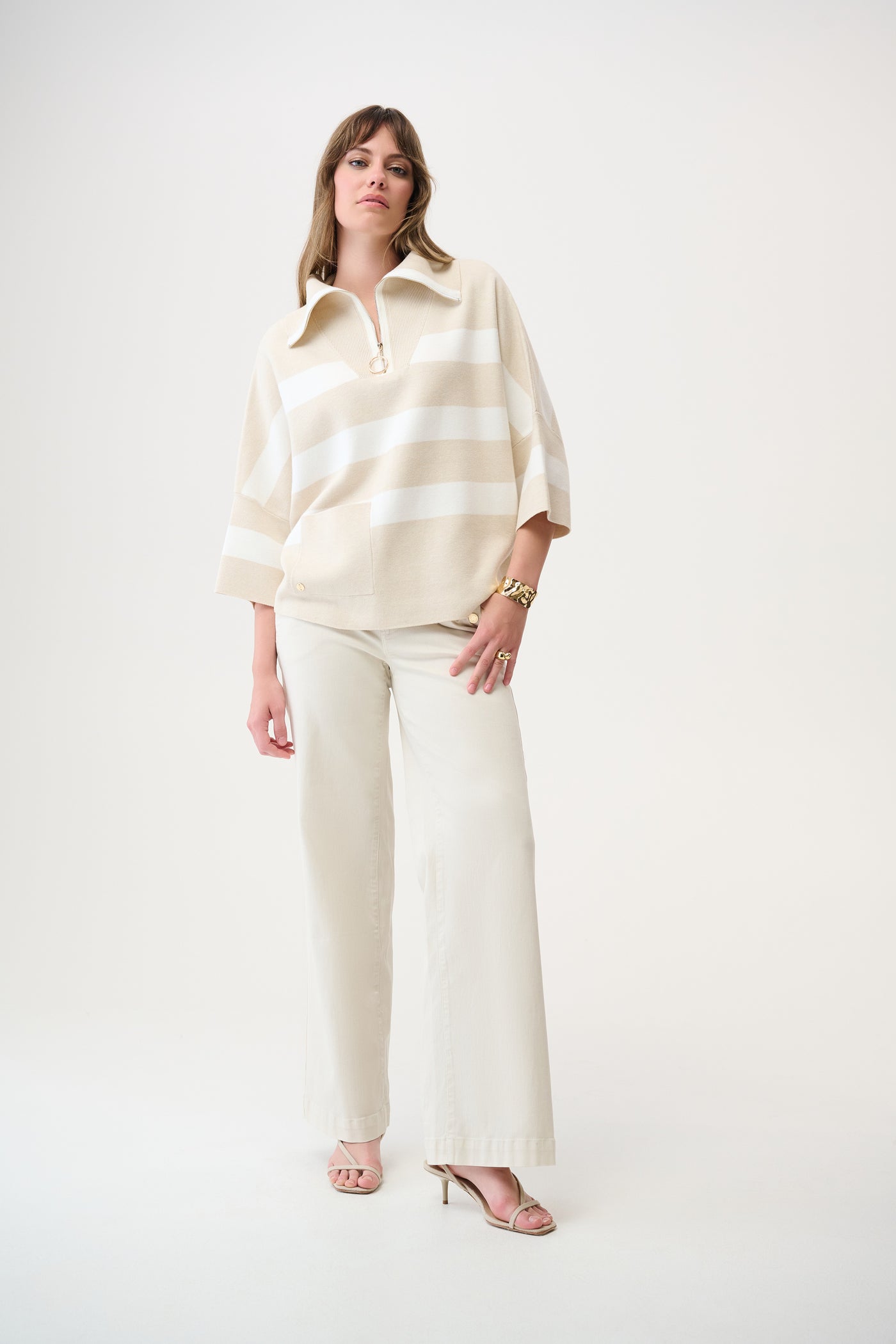 Brushed Viscose Stripe Print Boxy Sweater with Zipped Collar Joseph Ribkoff