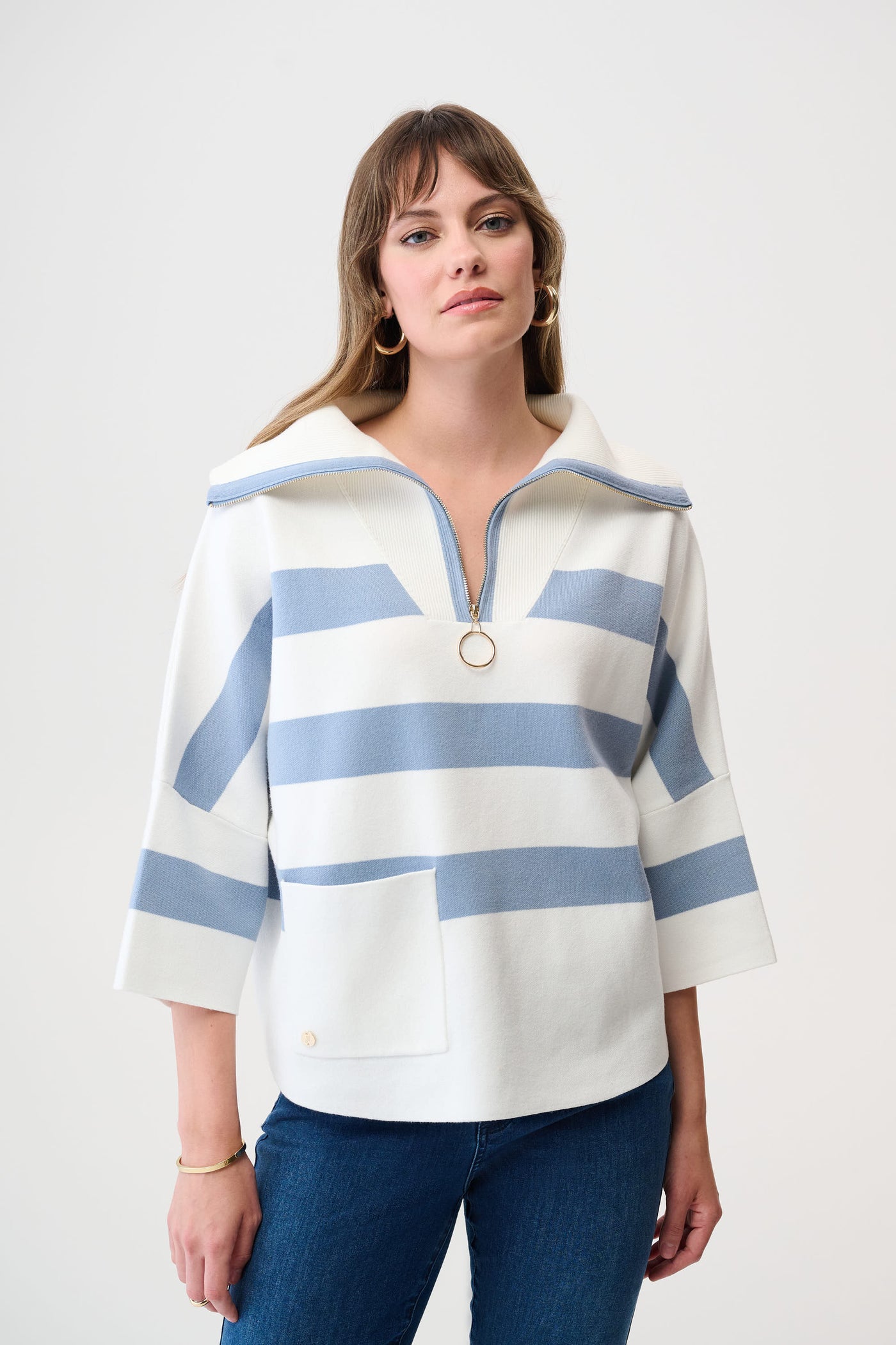 Brushed Viscose Stripe Print Boxy Sweater with Zipped Collar Joseph Ribkoff