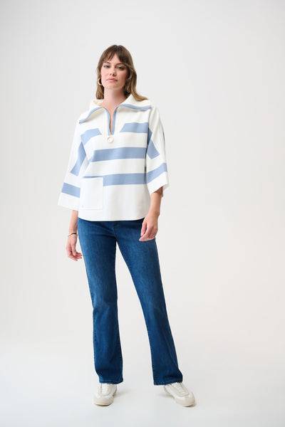 Brushed Viscose Stripe Print Boxy Sweater with Zipped Collar Joseph Ribkoff