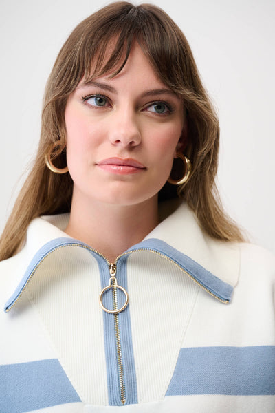 Brushed Viscose Stripe Print Boxy Sweater with Zipped Collar Joseph Ribkoff