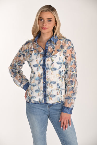 Blossom Sheer Denim-Trim Blouse Frank Lyman