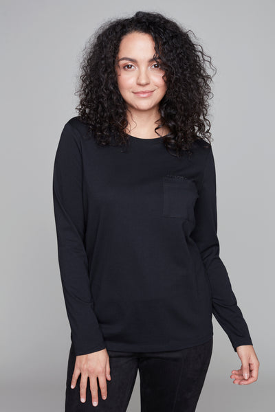 Long Sleeve Tshirt with Front Pocket Carre Noir