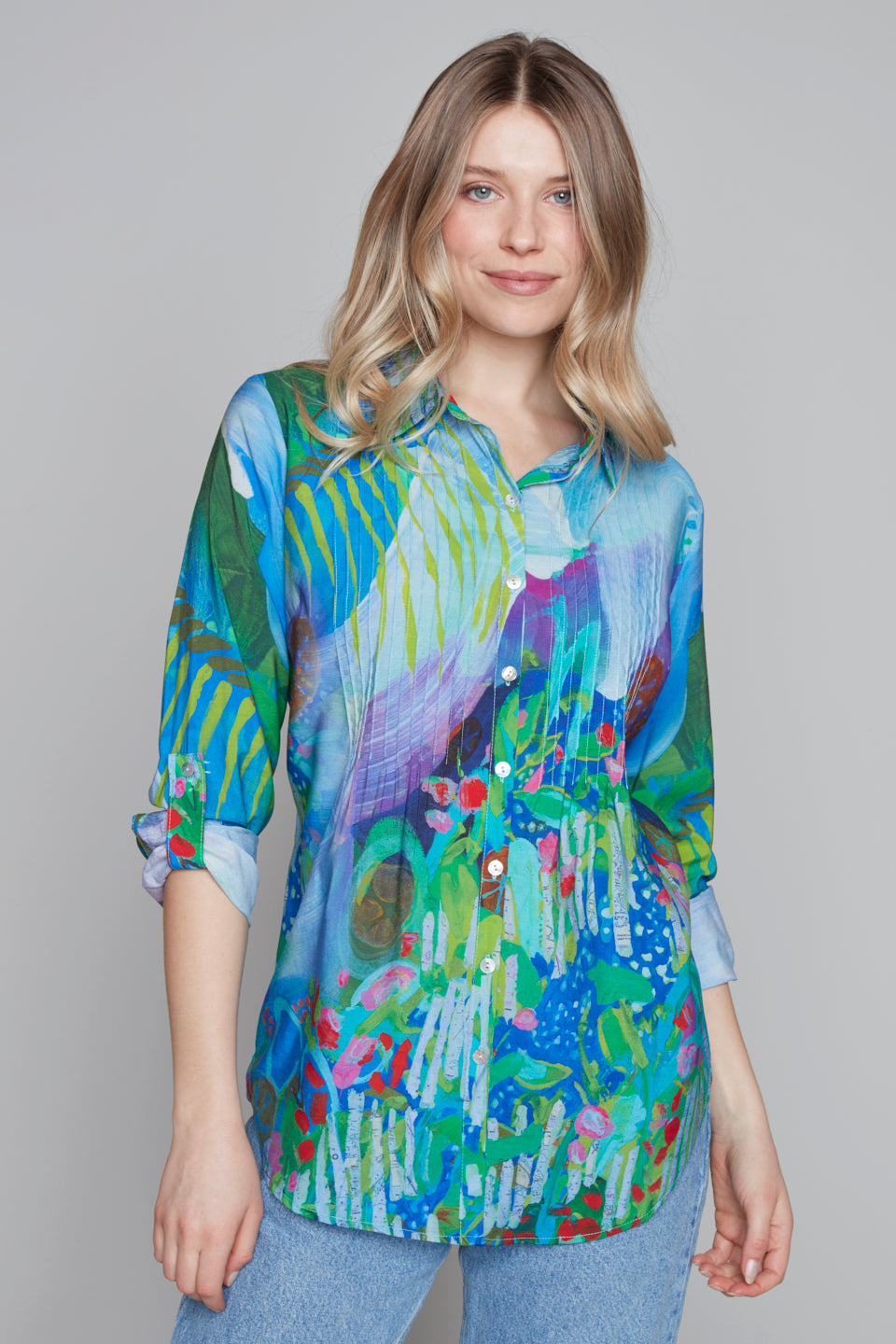 Vivid Garden Print Button-Up Blouse Claire Desjardins