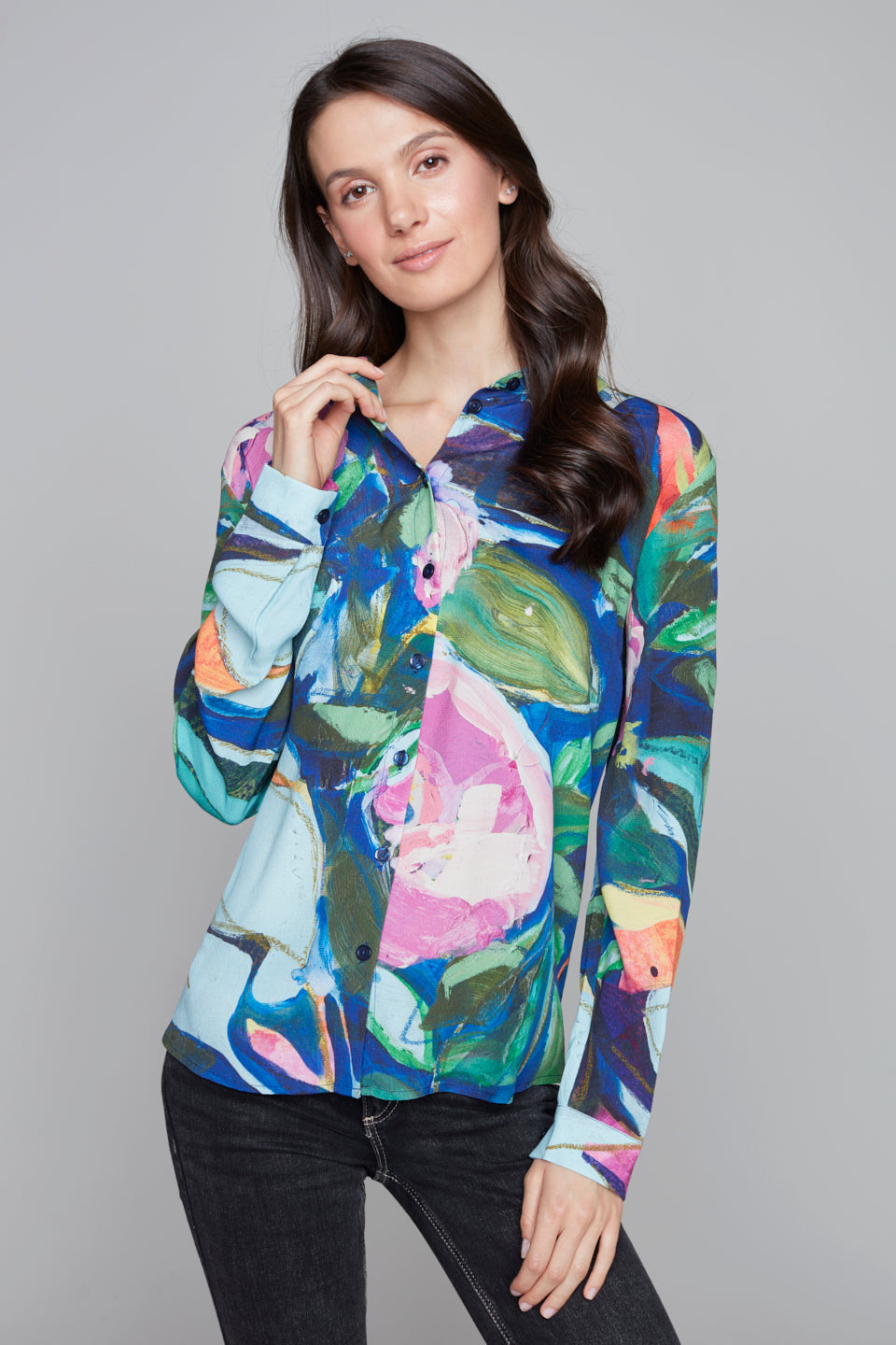Abstract Floral Print Button-Up Blouse Claire Desjardins