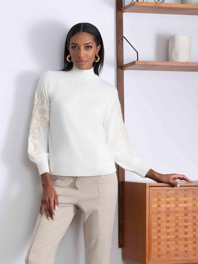 Mock Neck Sweater with Embroidered Sleeves Alison Sheri