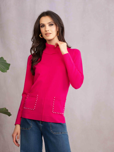 Mock Neck Sweater with Pearl-Trim Pockets - Dream Pants
