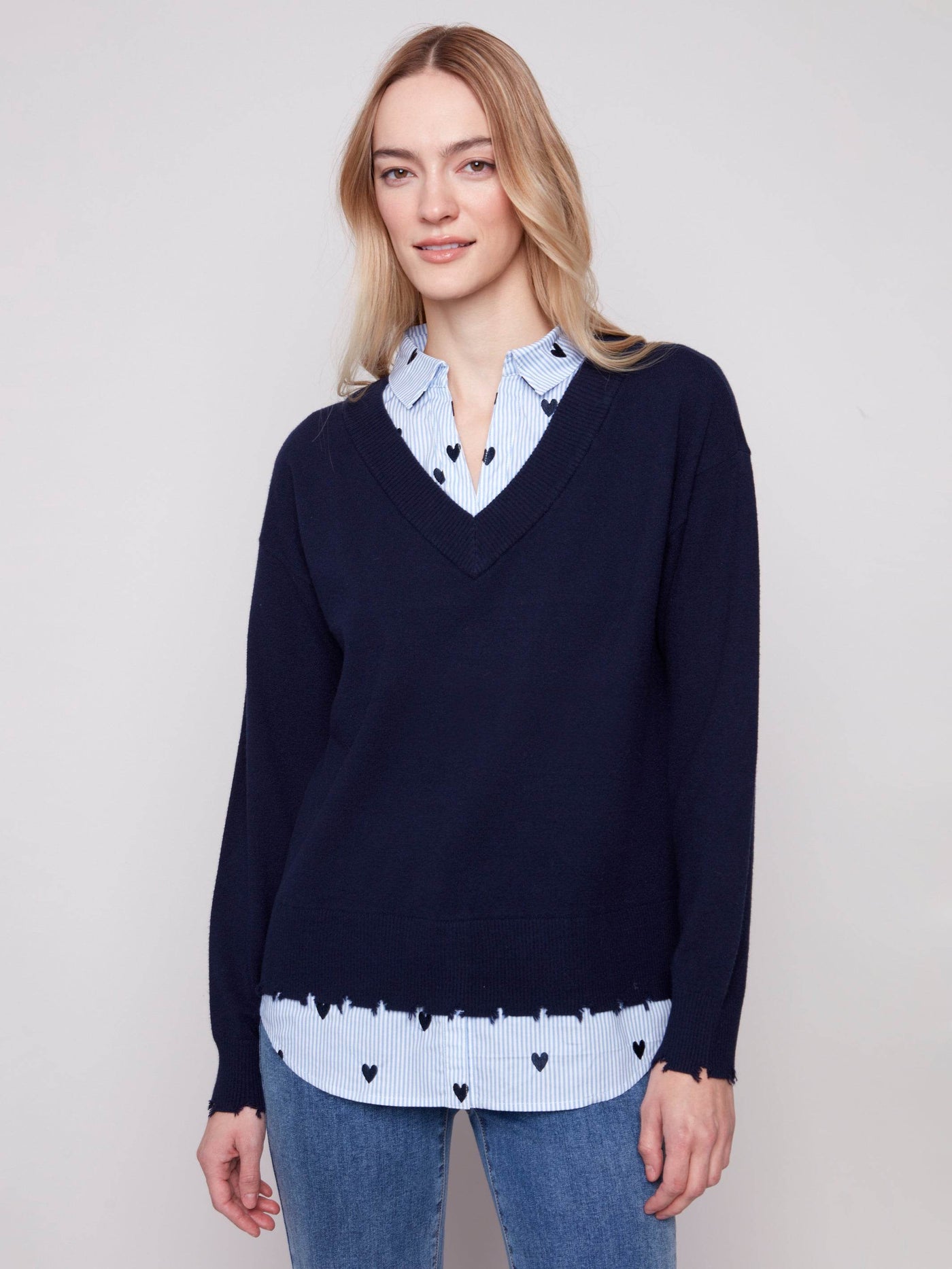 V-Neck Fooler Sweater With Embroidered Shirt Collar - Dream Pants