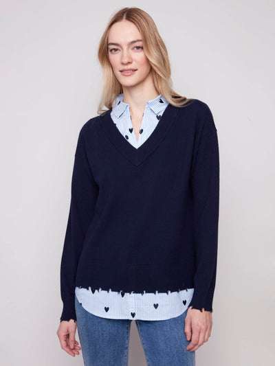 V-Neck Fooler Sweater With Embroidered Shirt Collar - Dream Pants