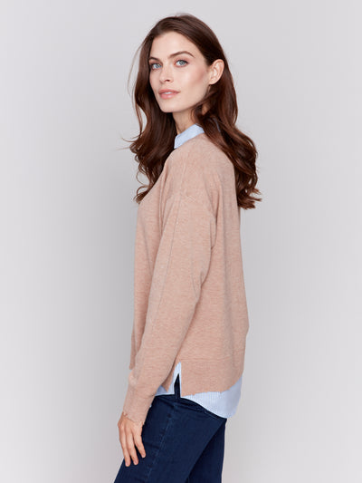 V-Neck Fooler Sweater with Shirt Collar Charlie B