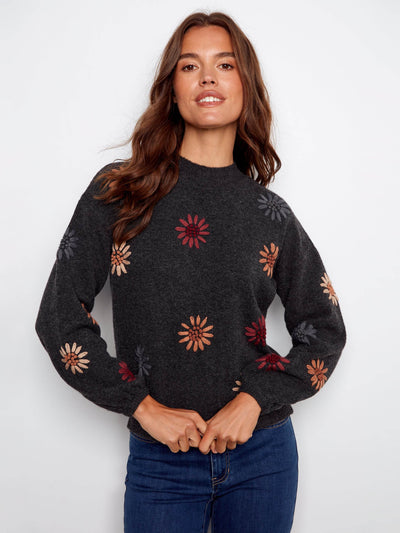 Mock Neck Sweater With Floral Embroidery - Dream Pants