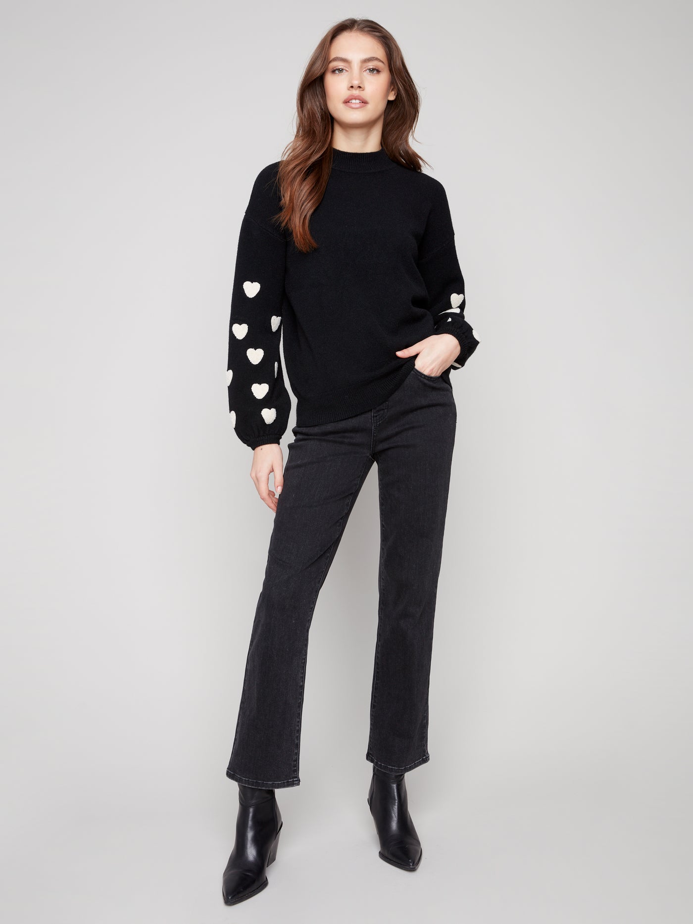 Mock Neck Sweater With Embroidered Hearts Charlie B