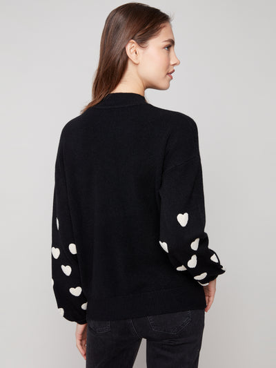 Mock Neck Sweater With Embroidered Hearts Charlie B