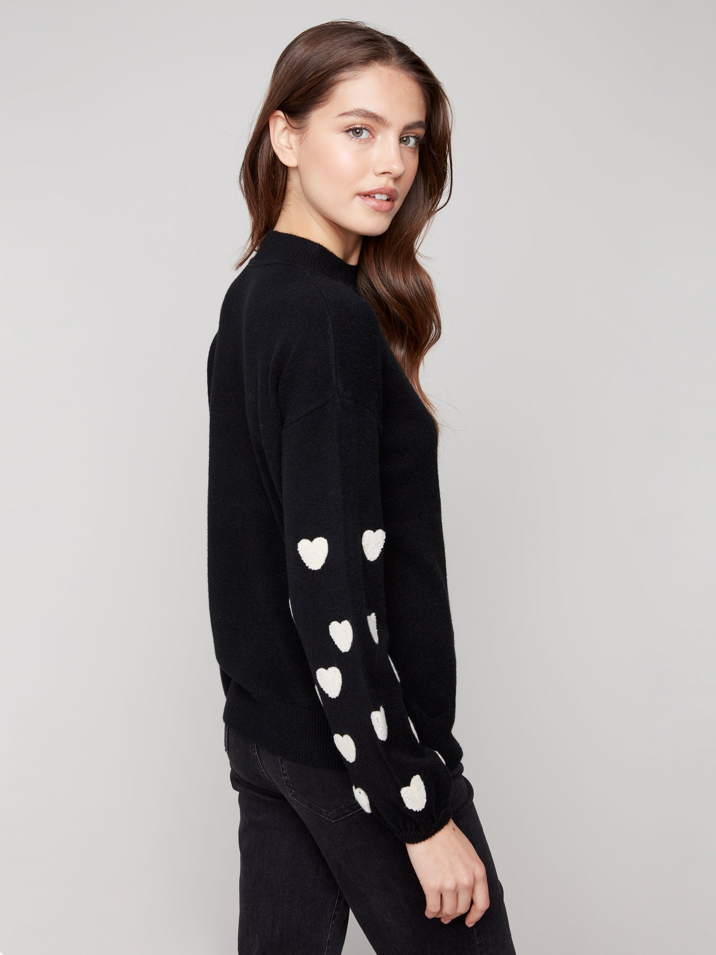 Mock Neck Sweater With Embroidered Hearts Charlie B