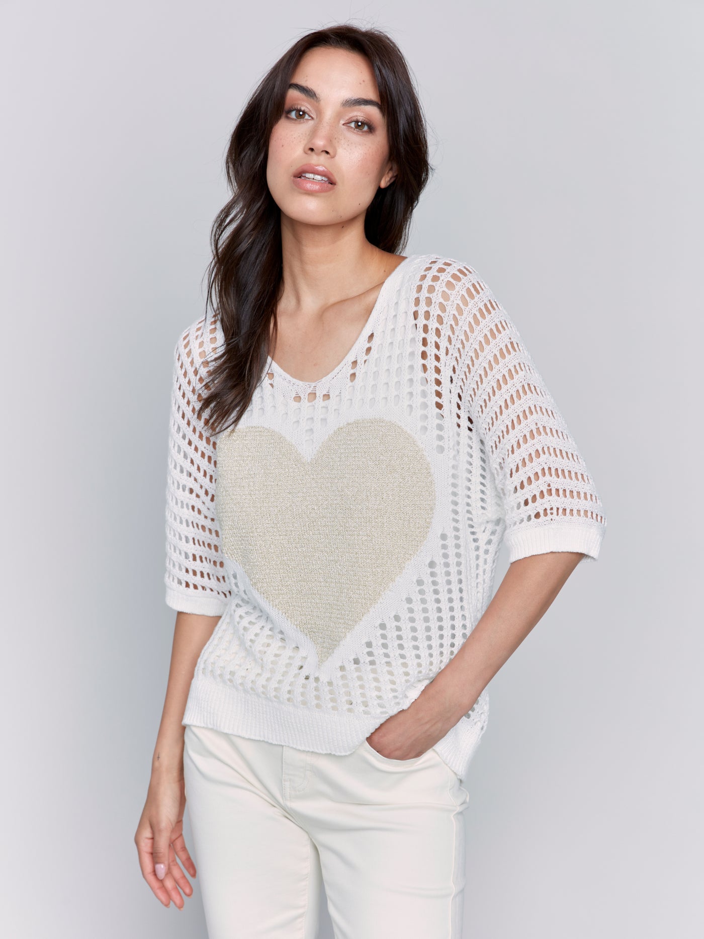 Fishnet V-Neck Sweater with Gold Heart Charlie B