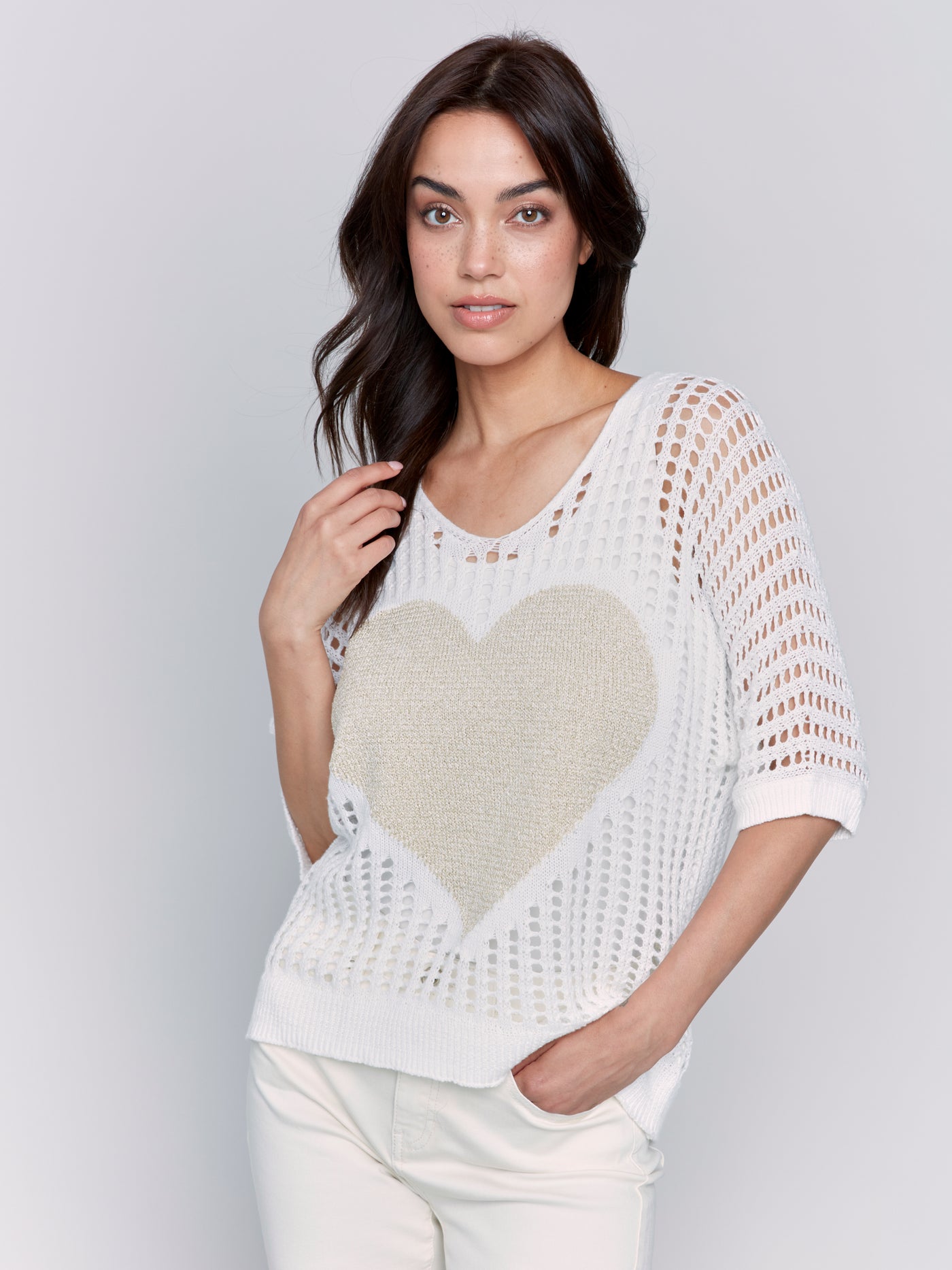 Fishnet V-Neck Sweater with Gold Heart Charlie B