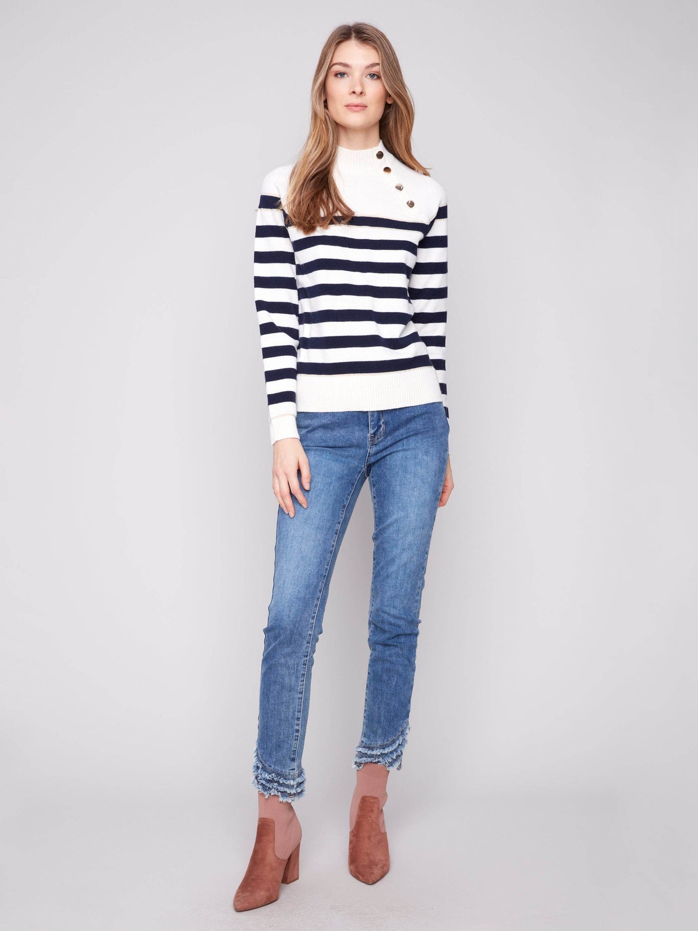 Striped Mock Neck Sweater With Button Details - Dream Pants