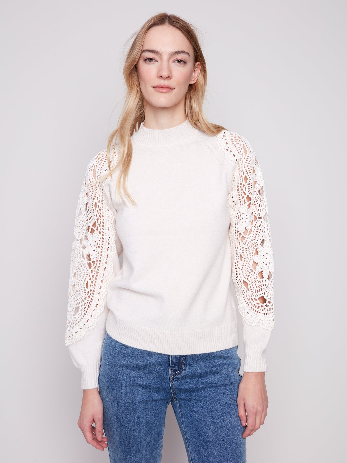 Mock Neck Sweater With Crochet Sleeves Charlie B