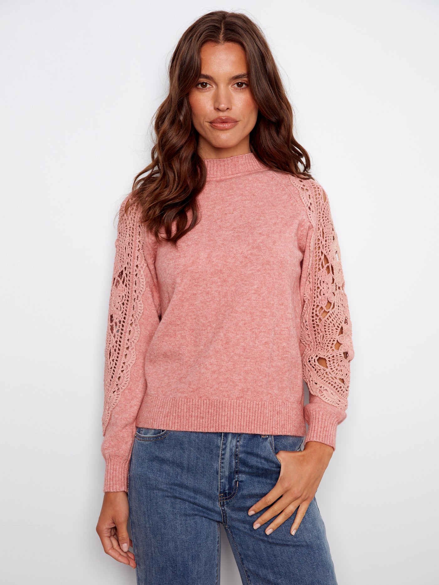 Mock Neck Sweater With Crochet Sleeves Charlie B