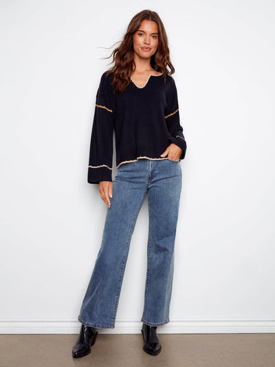 Embroidered Ribbed Sweater with Notch Neck - Dream Pants