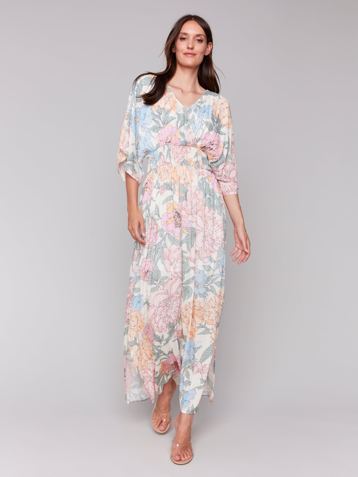 Printed Dolman Sleeve Maxi Dress with Side Slits Charlie B