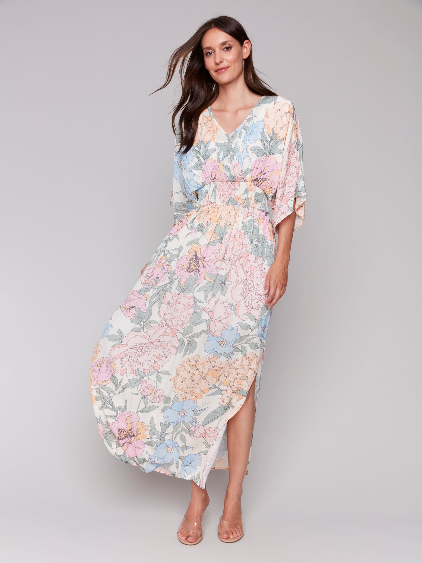 Printed Dolman Sleeve Maxi Dress with Side Slits Charlie B