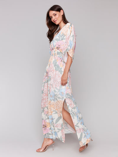 Printed Dolman Sleeve Maxi Dress with Side Slits Charlie B