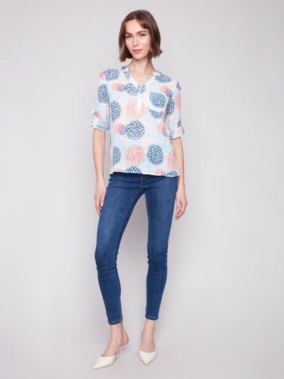 Printed Cotton Gauze Half-Button Blouse Charlie B