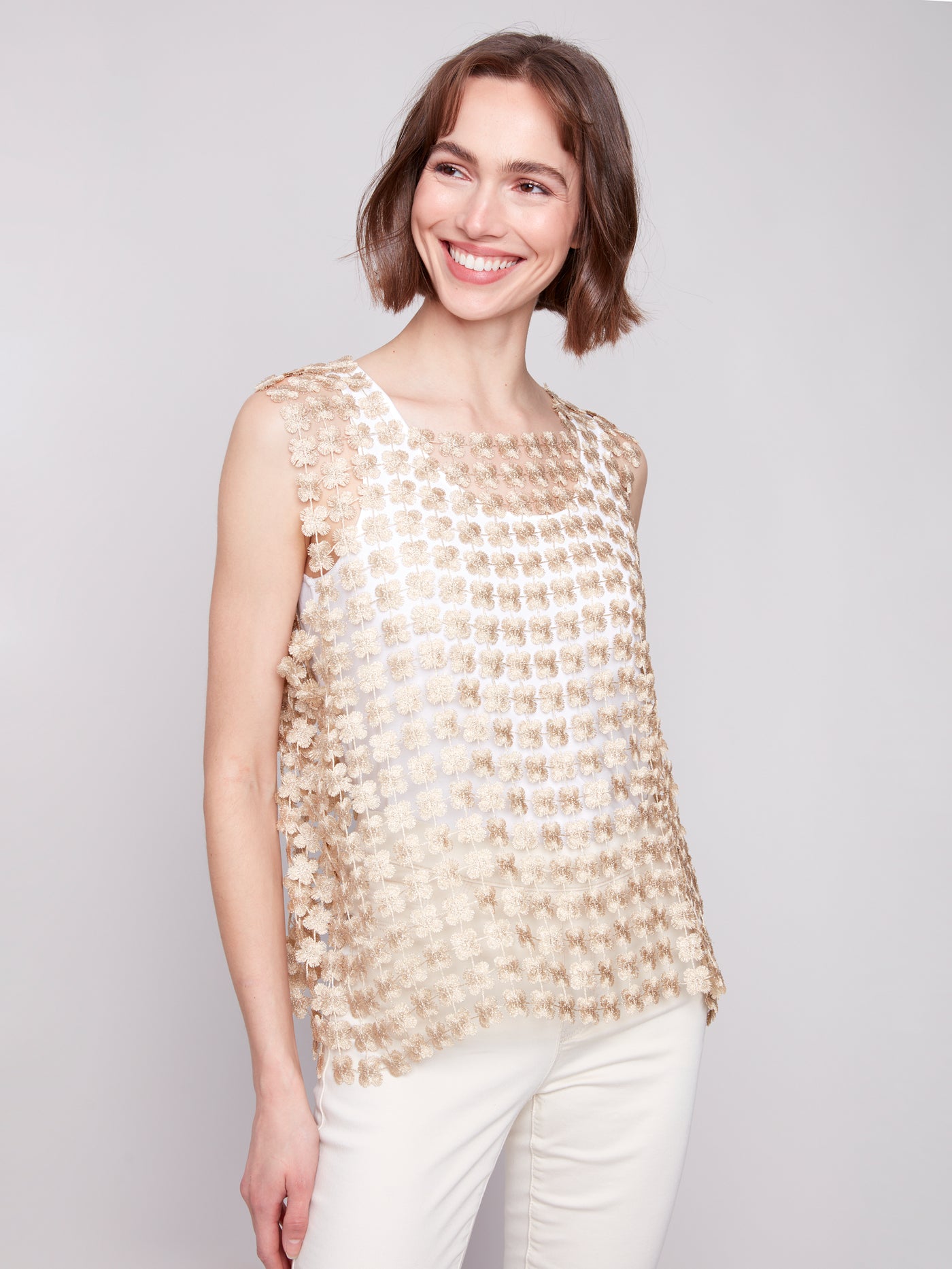 Sleeveless Textured Crochet Flower Top Charlie B